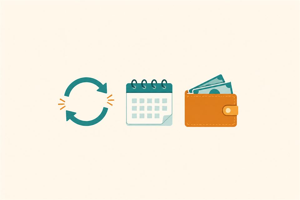 Broken circular arrow with calendar and wallet, representing breaking the paycheck-to-paycheck cycle