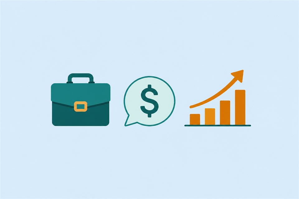 Briefcase, speech bubble with dollar sign, and upward chart representing asking for a raise