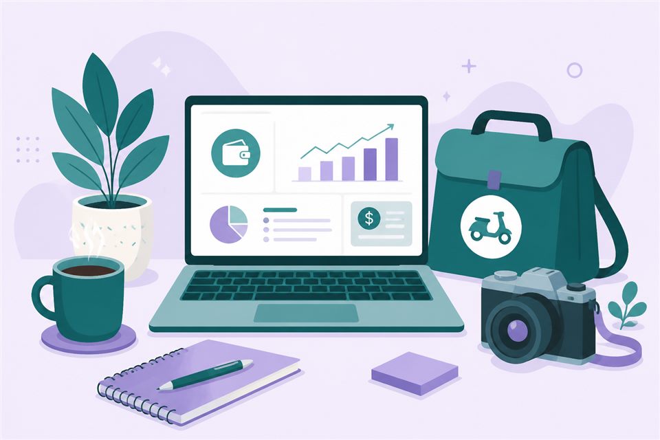 Desk with laptop, camera and delivery bag representing different side hustles