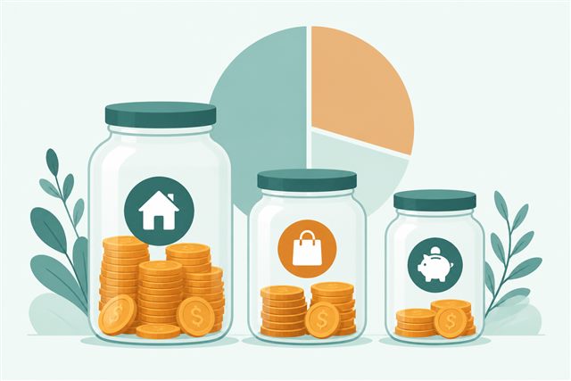 Three jars of coins representing the 50/30/20 budget split