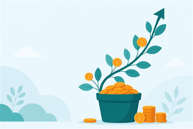 Plant growing from a pot of coins along an upward curve, representing compound interest