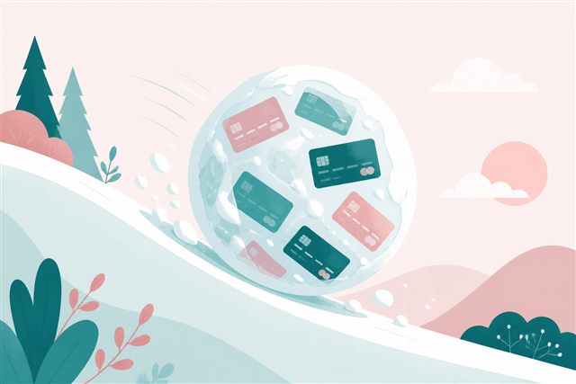 Snowball rolling downhill collecting credit cards, representing the debt snowball method