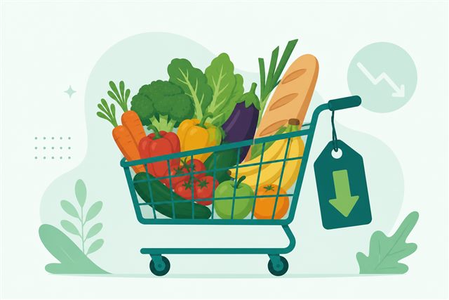 Shopping cart full of fresh produce with a falling price tag