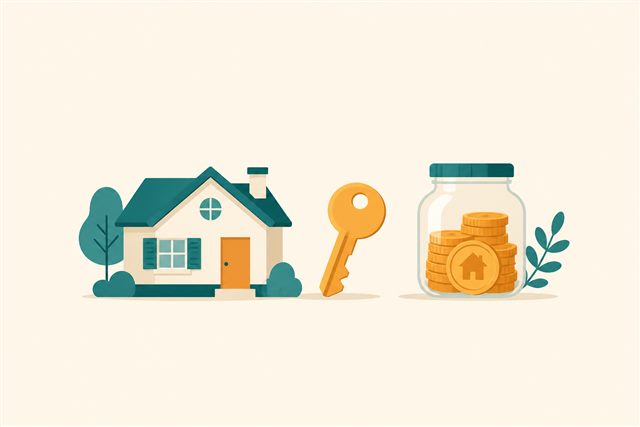 House, key, and coin jar for a down payment fund