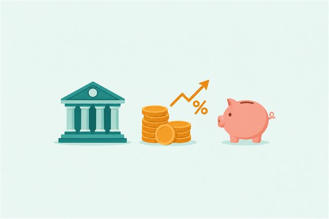 Bank, coins, and piggy bank representing a high-yield savings account
