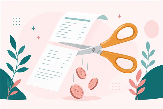 Scissors cutting a long bill in half with coins falling out