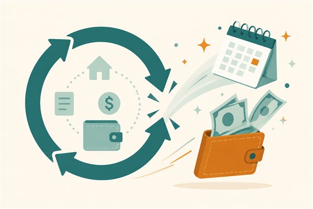 Broken circular arrow with calendar and wallet, representing breaking the paycheck-to-paycheck cycle