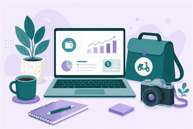 Desk with laptop, camera and delivery bag representing different side hustles