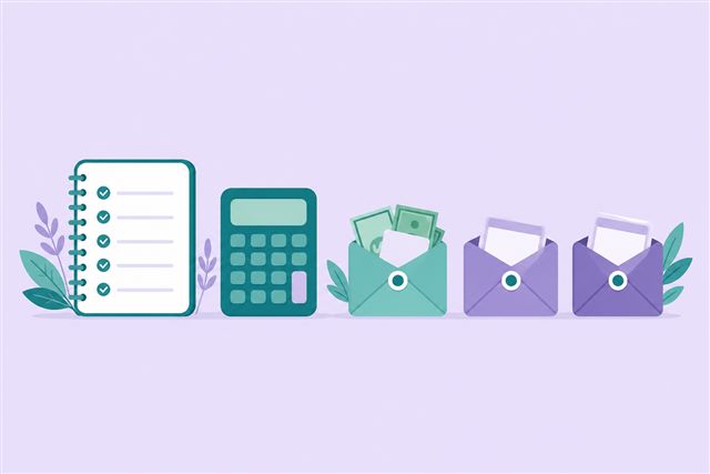 Notebook and envelopes representing zero-based budgeting